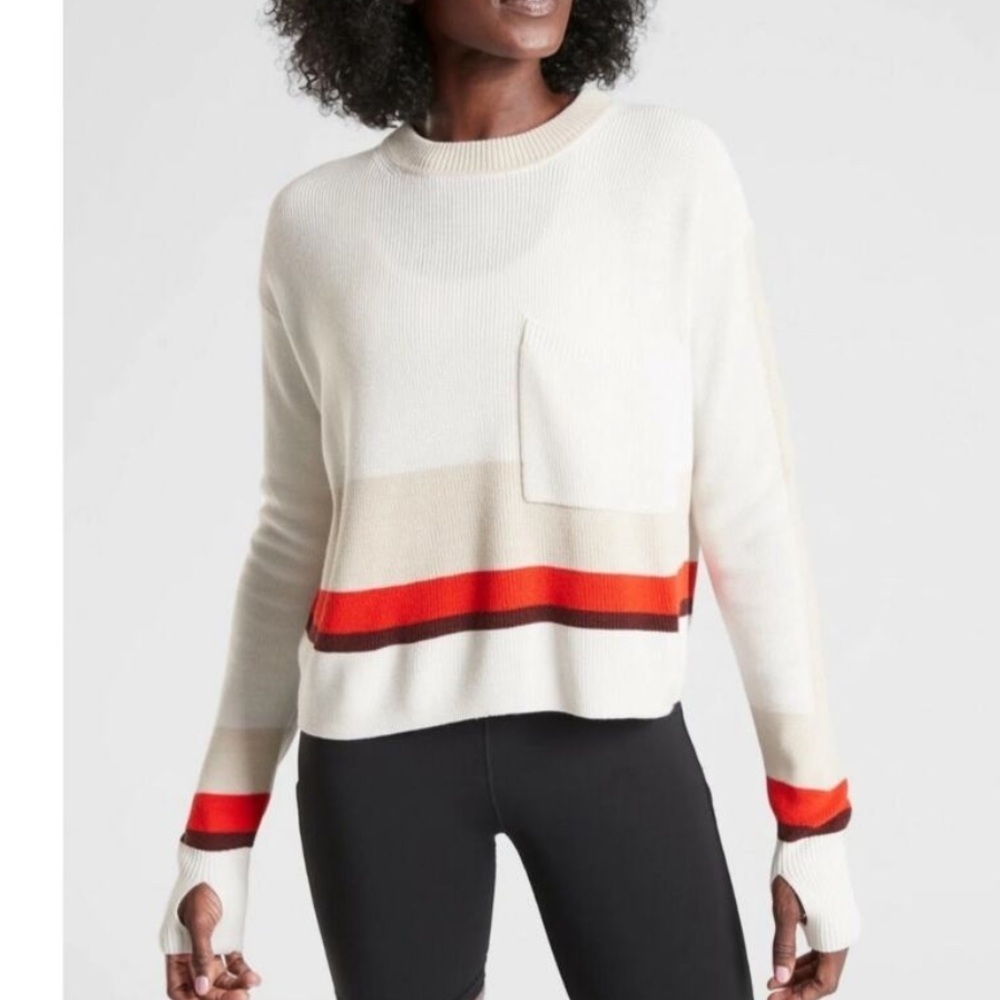 Athleta Ivory, Res & Brown Trailhead Colorblock Crewneck Sweater, Large